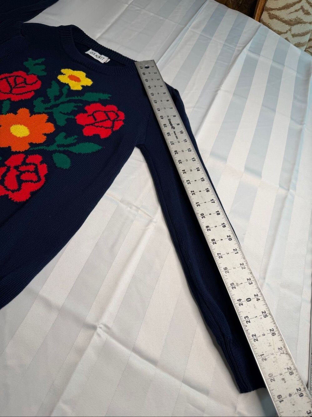 OXKNIT Navy Blue Floral Rose Retro Puff Sleeve Sweater Size Small - Picture 7 of 11